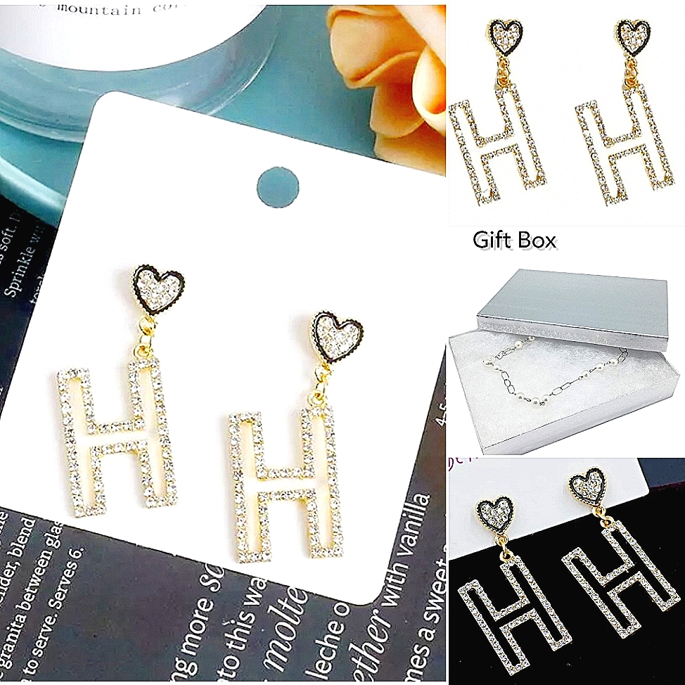 18k Gold Plated Crystal Blackheart H Drop Earrings With Silver Post